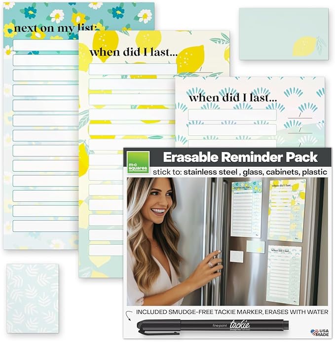 M.C. Squares Reusable, Erasable Household Reminders and Sticky Notes with Smudge-Free Tackie Marker | Cling to Stainless Steel & Glass | USA Made