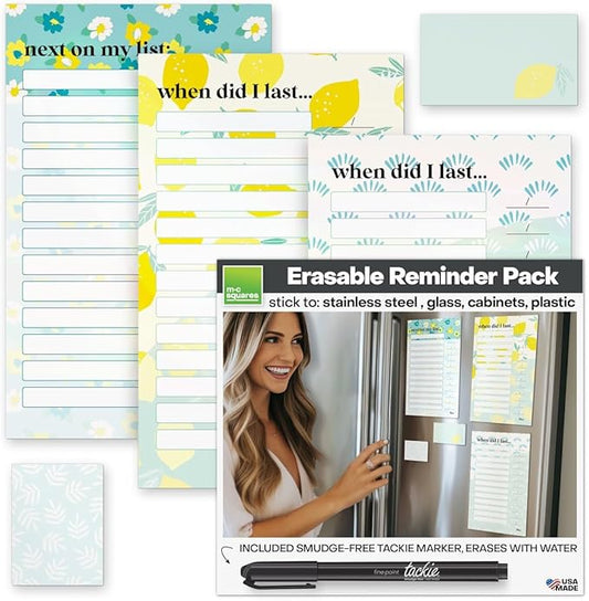 M.C. Squares Reusable, Erasable Household Reminders and Sticky Notes with Smudge-Free Tackie Marker | Cling to Stainless Steel & Glass | USA Made