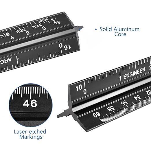 Architectural and Engineering Scale Ruler Set, Imperial Measurements 12'', Black Laser-Etched Aluminum Architect Triangular Ruler for Architects, Students, Draftsman, and Engineers