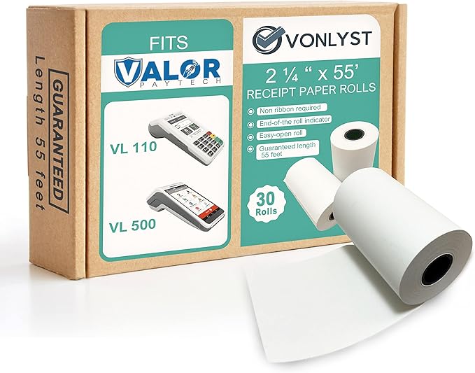 Receipt Paper Roll for Valor Paytech VL 110 and VL 500 Credit Card Machine (30 Rolls)