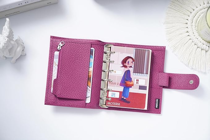 Moterm Pocket Regular Rings Planner - Genuine Leather Binder Organizer (Firm Pebbled-Fuchsia Rose, 19mm Ring)