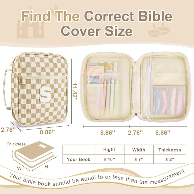 Personalized Initial Bible Cover Case for Women Girls Kid - Large Corduroy Bible Case with Handle, Stylish Chenille Letter Bag Study Supplies, Perfect Christmas Gifts for Christians Women (Khaki-S)