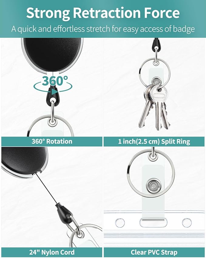 Uniclife 2 Pack Retractable Badge Reel for Badge Holder Heavy Duty Retractable Keychain Strong ABS Casing with Stainless Steel Spring Coil 24 Inch Nylon Rope Carabiner Clip and Key Ring