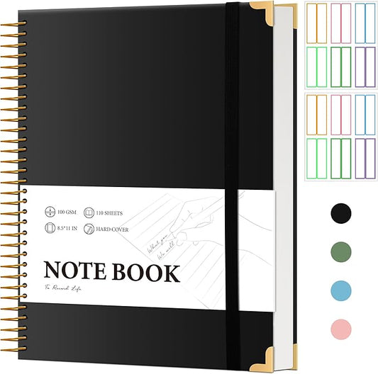 FLYING EAGLE Black Spiral Notebook College Ruled 8.5 X 11 with Tab Stickers Large Hardcover Notebooks for School Supplies A4 Note Book Journal Notebooks for Work Note Taking Office, 200 Pages