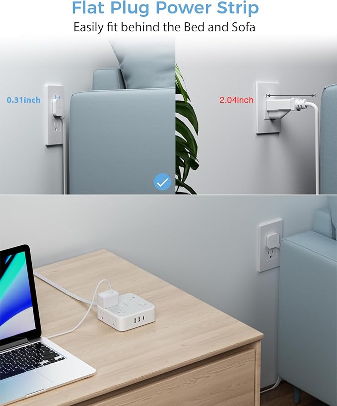 Surge Protector Flat Extension Cord Flat Plug Power Strip, 8 AC Outlets, 3 USB Charger(1 USB C Port) 3-Sided Outlet Extender, 5 Ft, 900 Joules Protection, Office Supplies, Dorm Room Essentials, Grey