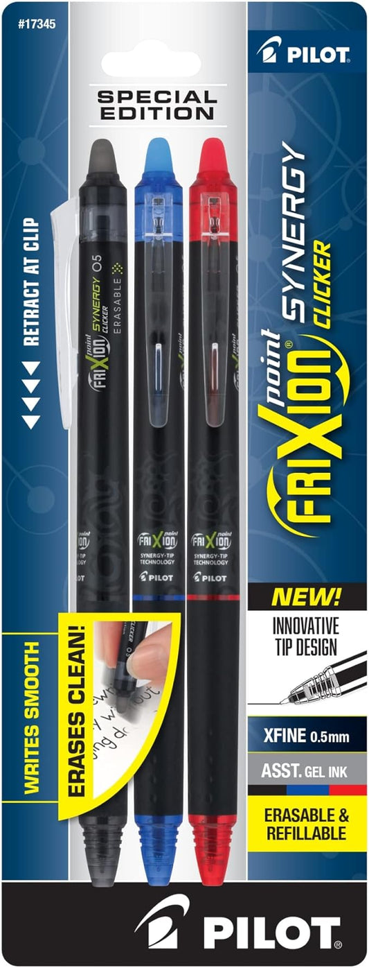 Pilot, FriXion Synergy Clicker Erasable, Refillable, Retractable Gel Ink Pens, Extra Fine Point 0.5 mm, Pack of 3, Black, Blue & Red