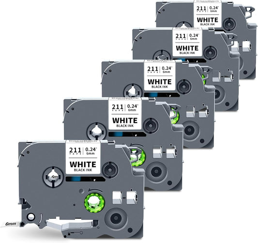 5-Pack TZe-211 TZe211 TZ-211 Compatible for Brother Label Maker Tape TZe 6mm 0.23 Laminated White for P Touch PT-H110 PTD-400 D220 D210 PTD-600 PTD610BT Label Maker, 1/4 Inch, Black on White