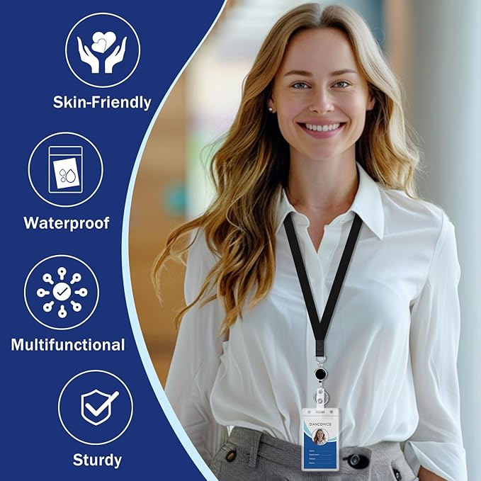 Giancomics Black Lanyards for Id Badges, Lanyards with Retractable Reel, Waterproof ID Badge Holder for Cruise Ships Cards Key, Office Work Name Tag Zip Type Card Protector 2 Pack