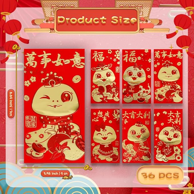 Red Envelope Snake 2025, 36 Pcs Cute Red Envelopes Chinese, Chinese New Year Red Envelopes, Lunar New Year Envelopes, Red Packets, Hong Bao, Lucky Money Envelopes for Wedding Birthday Spring Festival
