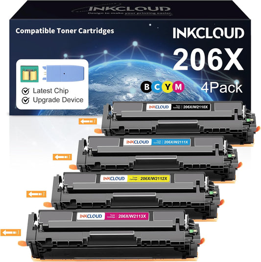 INKCLOUD 206X Toner Cartridges 4 Pack with Chip and Upgrade Device Compatible Replacement for 206X A W2110A W2110X Work with Color Pro MFP M283fdw M283cdw M283 Pro M255 M255dw High Yield Toner