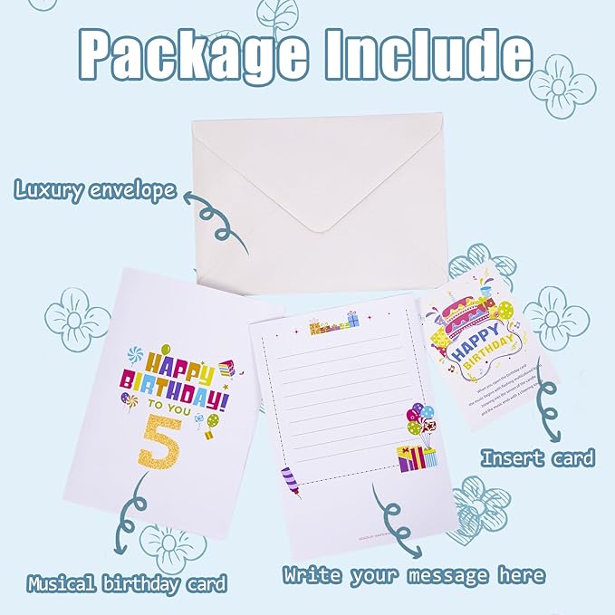 Gumry 5TH Musical Birthday PopUp Card, Blowable Colorful Light Candle 3D Cards with Song, Applause Cheers Sound, Greeting Cards Birthday Gifts Decorations for Daughter Son Turning 5 Years Old