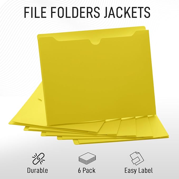 Yellow File Jackets, 2 Inch Expansion, Letter Size, Reinforced Straight-Cut Tab, 6 Pack