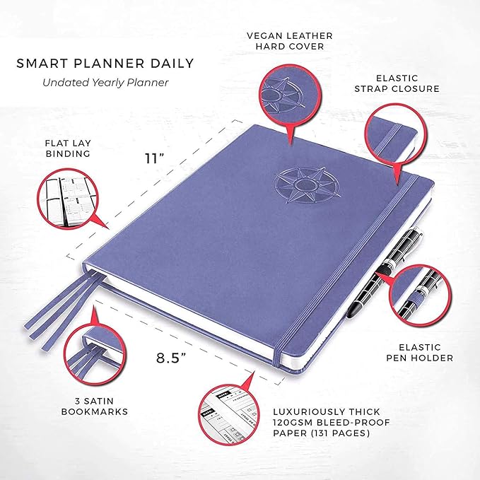Smart Daily Planner - Achieve Goals & Increase Productivity, Time Management & Happiness - Weekly Monthly Day Planner with Gratitude Journal, Hardcover, Undated Business Planner