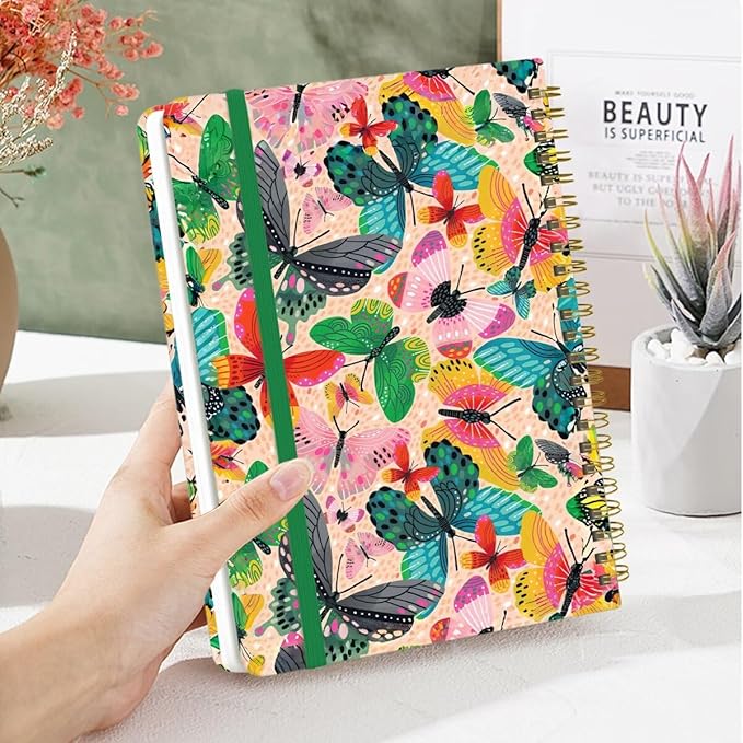 Spiral Notebook - A5 Spiral Notebooks, 8.3'' × 5.8'', 160 Pages, Aesthetic Journaling Notebooks for Women, College Lined Notebook with Elastic Closure, Back Pocket, for School Office, Butterfly Pink