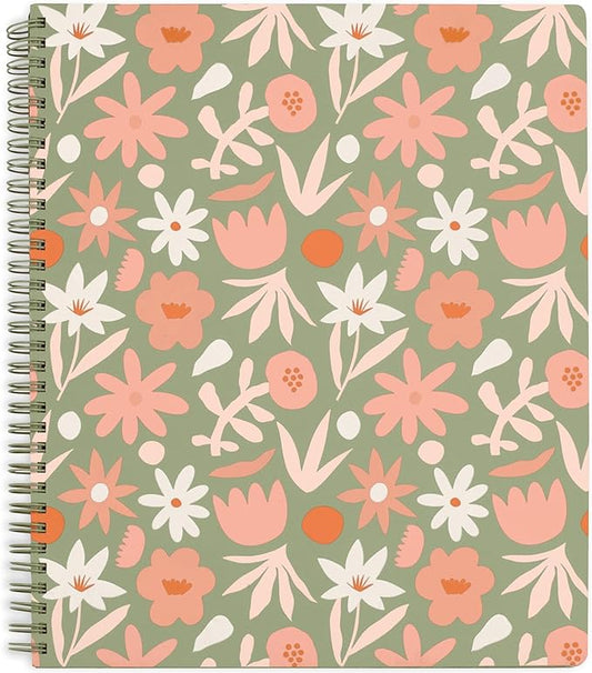 Steel Mill & Co Cute Large Spiral Notebook College Ruled, 11" x 9.5" with Durable Hardcover and 160 Lined Pages, Star Floral, Green