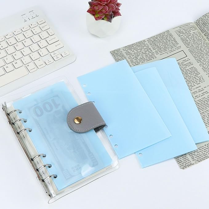 A6 Binder Pockets with No Zipper, Koqye Blue 10 Pcs Plastic Zipless Budget Envelopes, Two Pockets Frosted Cash Envelopes Money Bag for Budgeting, Cash Stuffing (Light Blue)