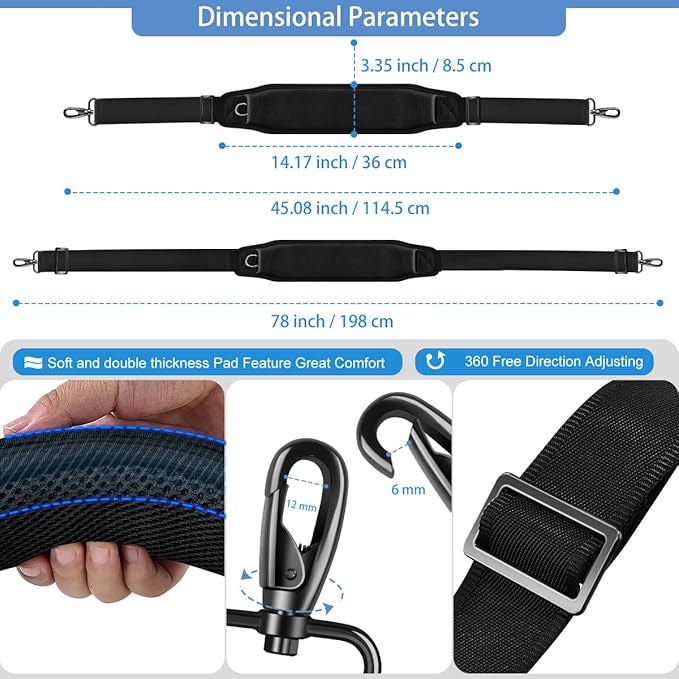 ZINZ Bag Shoulder Strap 78 inch with Ultra Cushion Breathable Pad, Durable Strap with Double Adjustable Buckles and Metal Hooks for D-ring Bags,Black