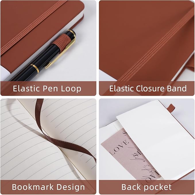 Lined Notebook Journal for Women Men 200 Pages A5 Hardcover Leather with Pen Holder College Ruled Journals for Work Note Taking Travel School Brown