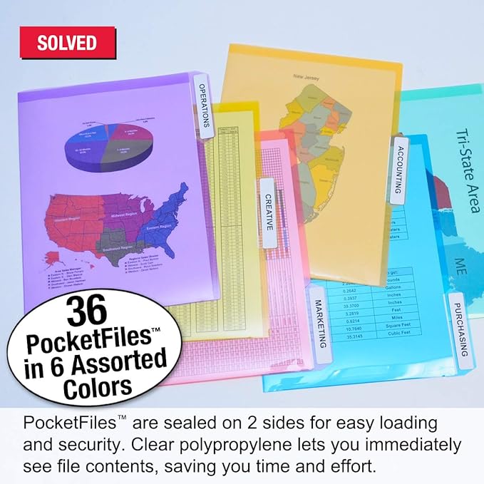 Ultimate Office PocketFile Clear Poly Document Folder Project Pockets, 3rd-Cut, Letter Size, in 6 Assorted Colors, Set of 36