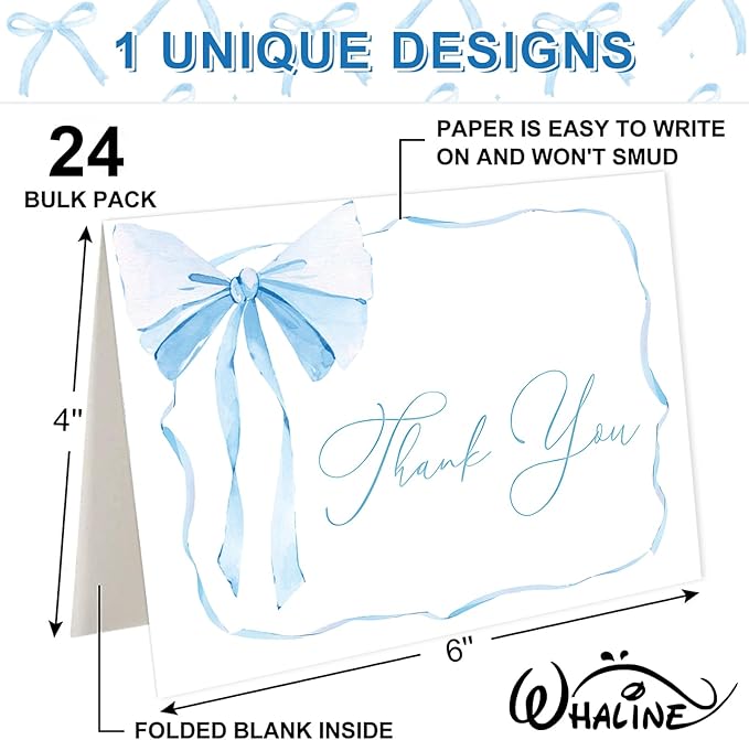 Whaline 24 Packs Blue Bow Thank You Cards Coquette Bowknot Greeting Cards Blank Note Cards with Envelopes and Stickers for Birthday Wedding Baby Shower, 4 x 6 Inch