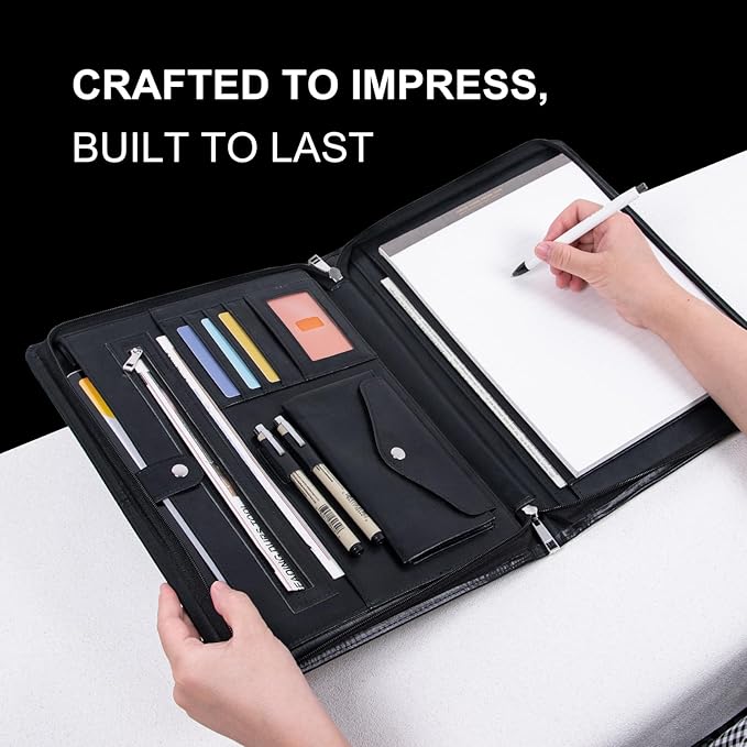 AZXCG Portfolio Binder, Leather Portfolio for Men, Padfolio for Women,Leather Folder, Portfolio Notebook, Gift for Women and Men, Black