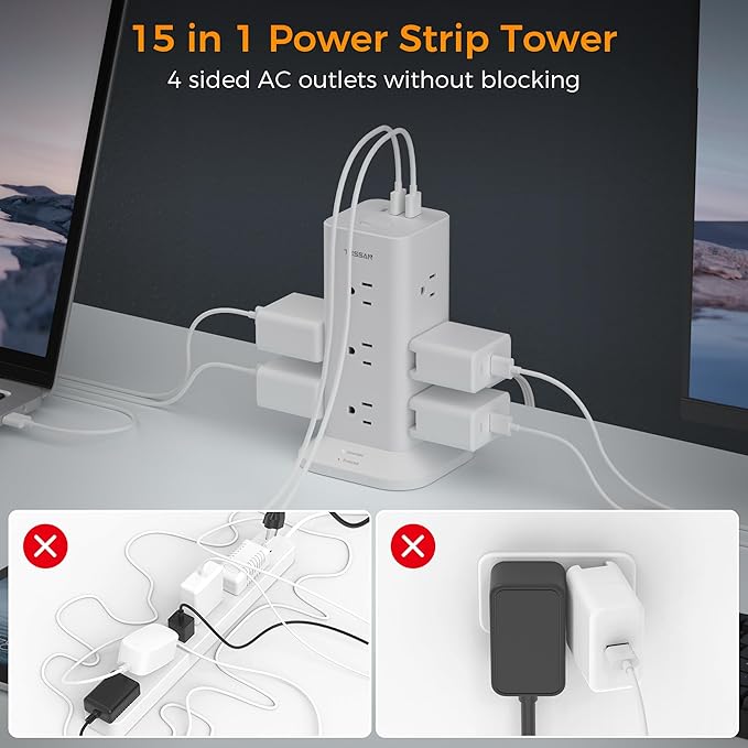 Power Strip Tower with Surge Protection, TESSAN Flat Plug Extension Cord 6 Feet with 12 Multiple Outlets 3 USB Ports (1 USB C), 900J Surge Protector Tower for Home,Supplies for Dorm Room Essentials