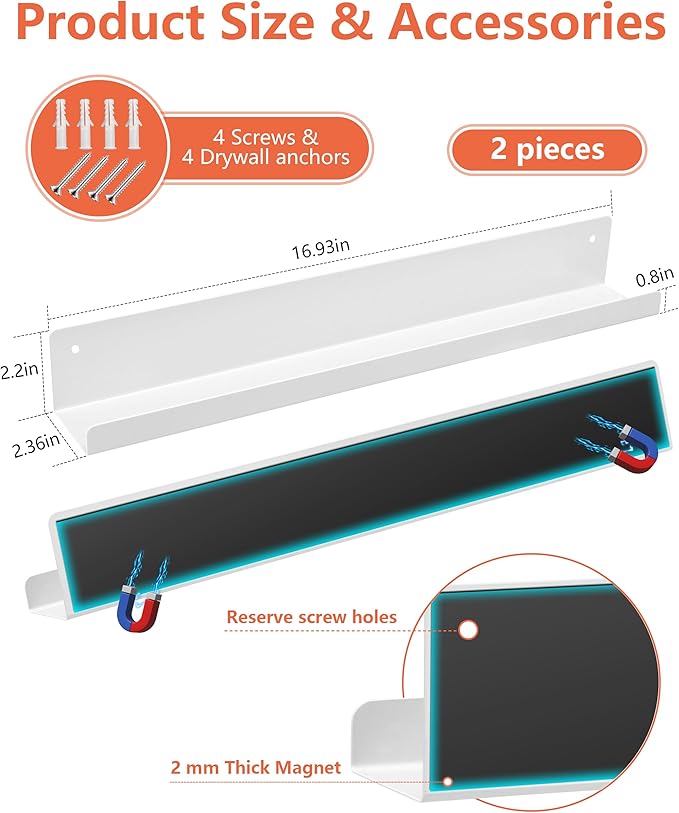 Magnetic Book Shelf for Whiteboard, Reusable Metal Magnetic Bookshelves with Strong Adsorption Capacity, 2-Pack 17'' for Classroom Whiteboard Office & Fridge Storage, Holds up to 12.5 lbs