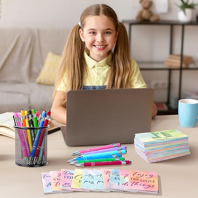 48 Pcs Watercolor Bulk Motivational Pens Inspirational Notepads Set, Pocket Motivational Quote Notebooks Ballpoint Pens, Mini Journals Gift Set for Kids Students Teachers School Office Prizes Supplies