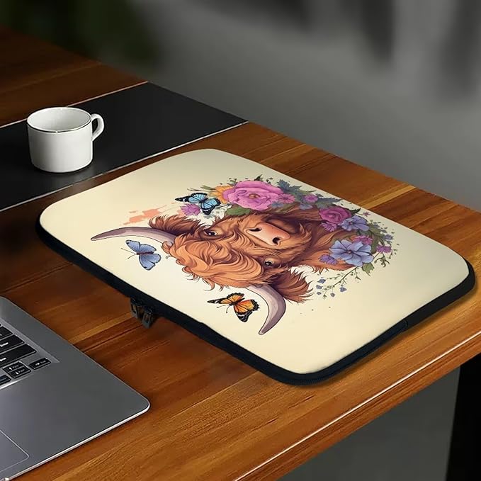 Highland Cattle Laptop Sleeve for Women 17 inch Lap Top Case Lightweight Laptop Protector Zippered Pouches with Humanize Design Computer Carrying Case Flower Cow Tablet Bag Briefcase