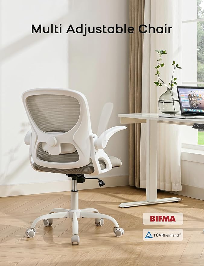 Mesh Office Chair Ergonomic Desk Chair with Up&Down Front&Rear 2 Dimensions Adjustable Lumbar Support and Flip-up Arm Rocking Comfy Swivel Computer Task Chair for Home Office(White-Gray)