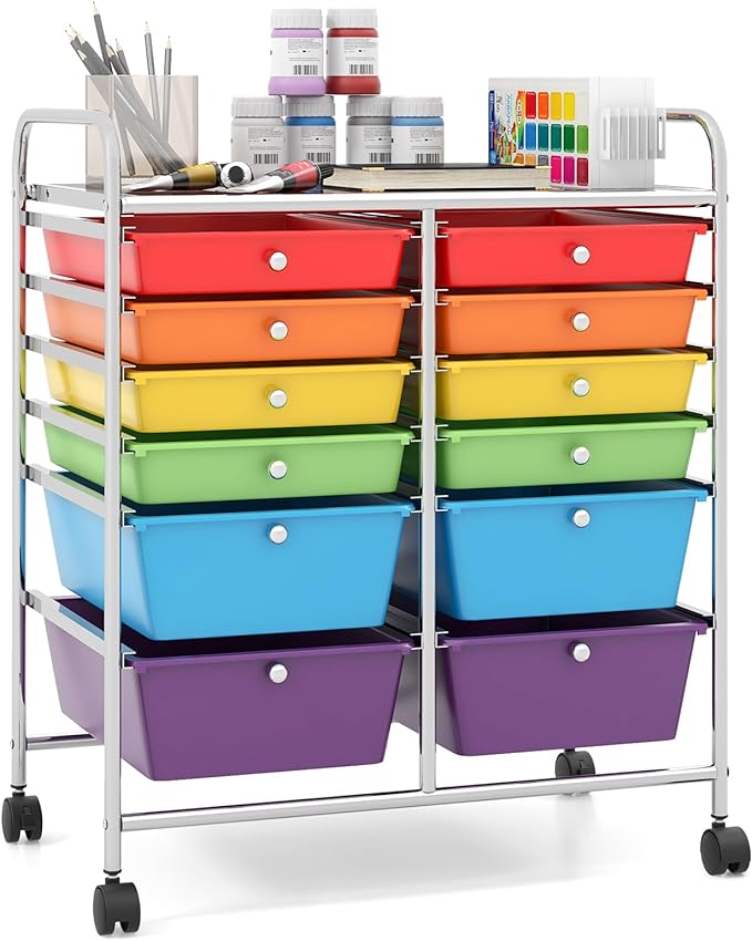 Giantex 12-Drawer Rolling Storage Cart, Multipurpose Movable Organizer Cart, Utility Cart for Home, Office, School (Multicolor)