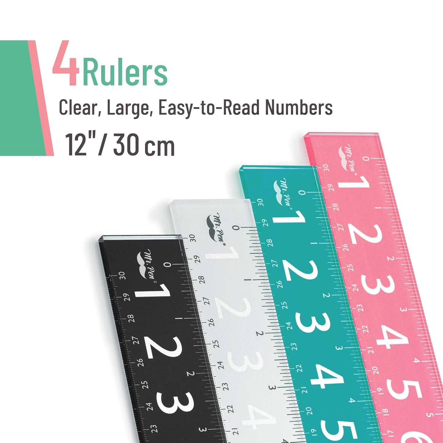 Mr. Pen- Plastic Rulers with Large Numbers, 12-Inch, 4 Pack, Metric & Imperial, Colorful Rulers for Kids, Ruler 12 Inch, Metric Ruler, mm Ruler, Rulers 12 Inch Ruler, Rulers for Kids