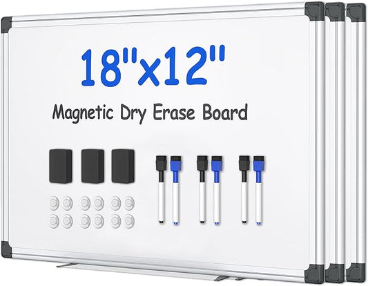VUSIGN 3PCS Magnetic White Board Kit for Wall 18" x 12", 3 Dry Eraser & 6 Multicolor Markers & 12 Magnetic Pins, Sliver Reinforced Aluminum Frame for Home, School, Office