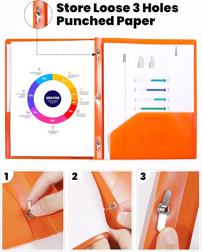 SUNEE 3-Prong Plastic Folders with Pockets (6 Pack, Assorted Colors) 2 Pocket Folders with Fasteners, Tear-Resistant Plastic Pockets, and Fit Letter Size Paper, Use for School Office Home Business