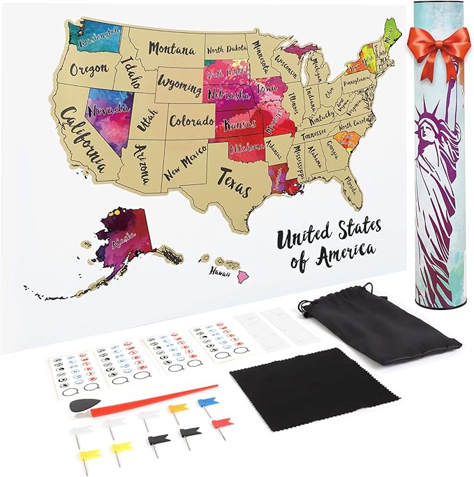 JARLINK Scratch Off USA Map Poster, 12x17 inches United States Map with Unique Accessories Set, Personalized Travel Poster, Gift for Travelers