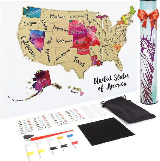 JARLINK Scratch Off USA Map Poster, 12x17 inches United States Map with Unique Accessories Set, Personalized Travel Poster, Gift for Travelers