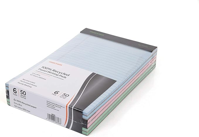 Mintra Office Recycled Writing Pads 6pk (Pastel, Junior (5in x 8in)) - 50 Sheets per Notepad, Micro perforated, Legal Pad, Notebook Paper for School, College, Office, Business