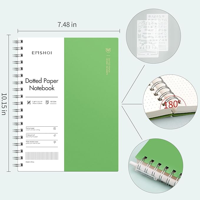 EMSHOI B5 Spiral Notebook Bullet Dotted Journal, Large 7.48" X 10.15", 300 Pages/150 Sheets, 100gsm Dot Grid Paper, Waterproof Hardcover, for Office School Women Men Work Writing Notes-Green