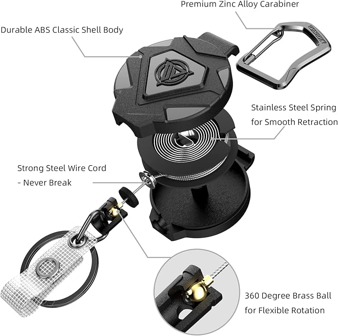 Oaridey Retractable Keychain Heavy Duty, Badge Reels Retractable, Tactical ID Badge Holder with Upgraded Zinc Alloy Carabiner, 31.5'' Coated Steel Cord, Bearing 8.0 oz- 1 Pack