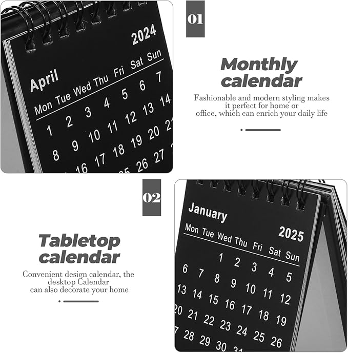 NUOBESTY Mini Desk Calendar 2024.07-2025.12 Portable Small Desktop Calendar Standing Flip Academic Year Monthly Calendars for Planning Organizing Daily Scheduler(Black)