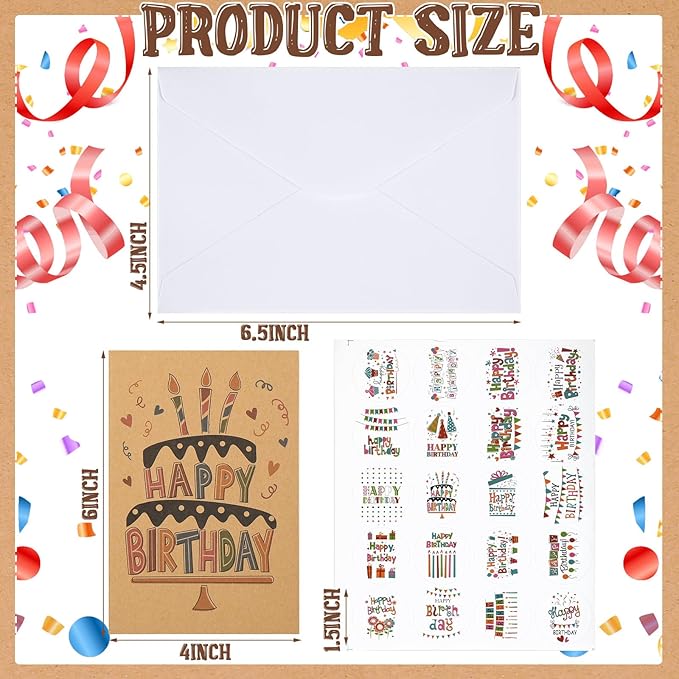 Harloon 200 Pack Happy Birthday Card Assorted Bulk with Blank Envelopes and Stickers 4 x 6 Inches Greeting Blank Happy Birthday Cards for Men Women Adults Kids, 20 Styles(Kraft Style)