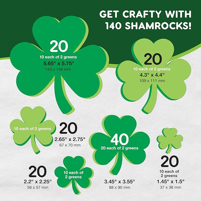 FreshCut Crafts 140 Piece Shamrock Cutouts Set: Pre-Cut Green Irish Clover Shapes for School Supplies, Decorating Themed Events Bulletin Board & St. Patrick's Day Decor, US Made Quality Card Stock