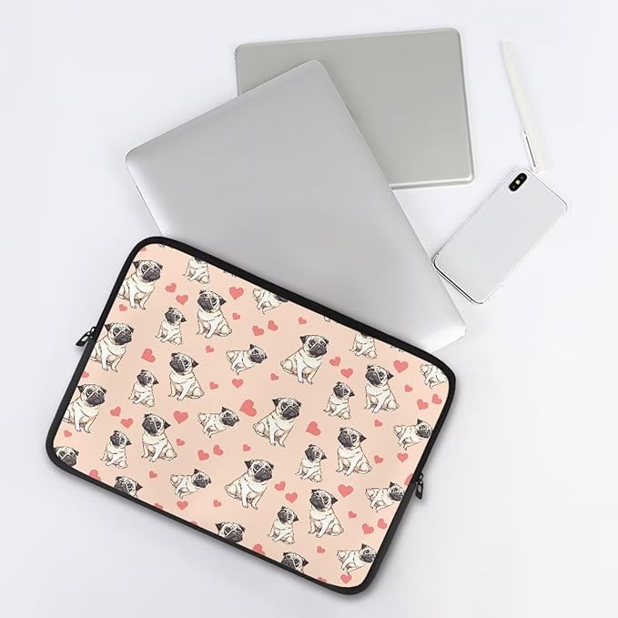Pug Dog Printed Computer Bags for Laptops for Women, Heart Pattern Computer Carrying Cover Laptop Briefcase, 10 Inch Water Resistant Laptop Case Portable Computer Case Bag