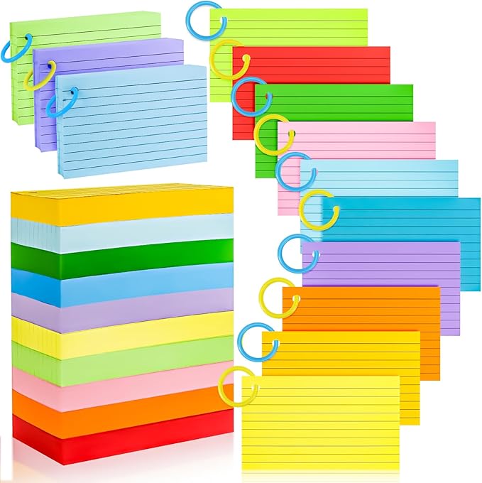 MotBach 280 Pcs Index Cards Flash Cards with Binder Rings,3" x 5", 6 Color Ruled Memo Note Study Cards Memo Scratch Pad Lined Studying Record Index Cards To Do List for Home School Office Supplies