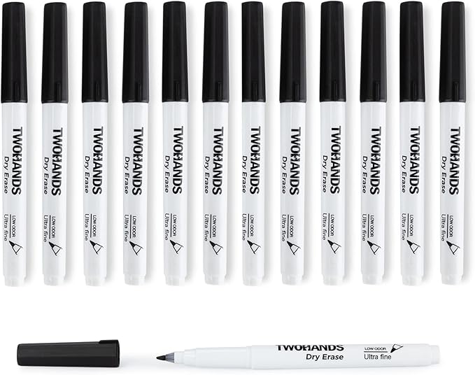 TWOHANDS Dry Erase Markers Ultra Fine Tip,0.7mm,Low Odor,Extra Fine Point,Black,Whiteboard Markers for Office,Home,or Planning Whiteboard,12 Count,20536