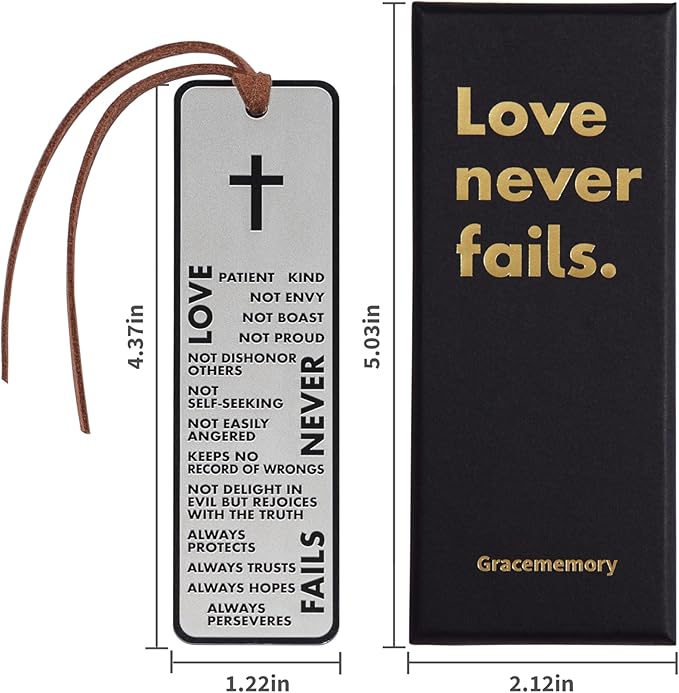 Christian Bookmarks, Metal Bible Bookmark for Men Women Readers Book Lover, Christmas Gift, Giveaways for Sunday School, Christmas Gifts for Members of Church. (Love Never Fails)