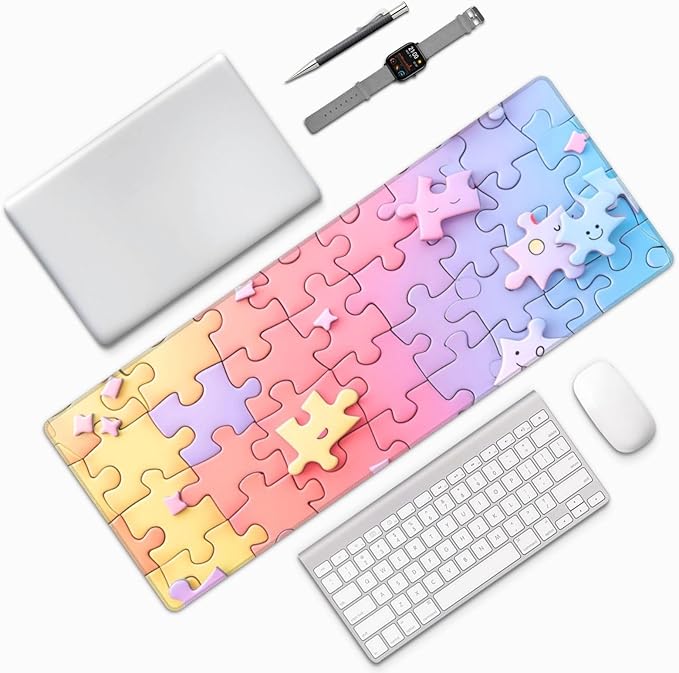 Gaming Mouse Pad Desk Pad,Extended Big Mouse Pad,31.5x11.8 Inch Long Computer Keyboard Mouse Mat Mousepad with 3mm Non-Slip Base and Stitched Edge for Gaming and Office… (Multicoloured Puzzle)