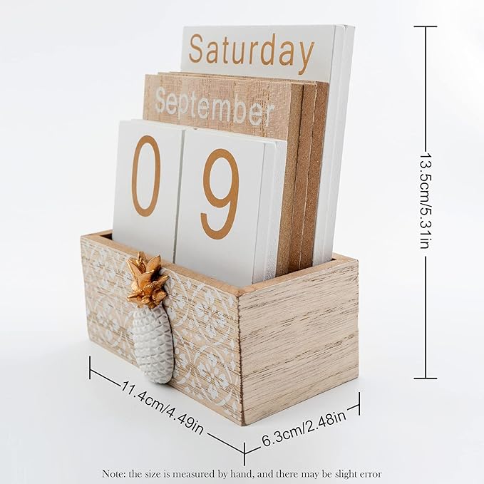 Notakia Vintage Wood Block Perpetual Calendar Month Week Date Display for Home Office Desk Rustic Decoration, Brown pineapple