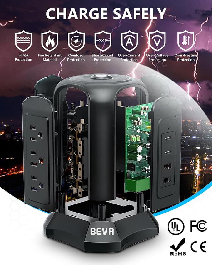 BEVA Tower Surge Protector Power Strip, Desk Charging Station with 9 AC Outlet and 4 USB Ports, 18AWG 6.5 FT Extension Cord, 3-Prong Flat Plug, Multiple Outlets for Office Dorm Apartment Essentials