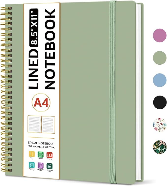 Taja Spiral Lined Notebook, 8.5"x11" Notebooks for Work, Large A4 Journal for Women & Men, College Ruled Journaling Notebook for Writing, Plastic Cover Spiral Journal, Green